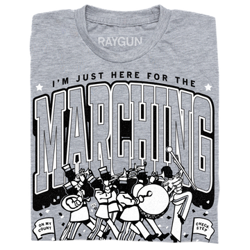 Heather grey t-shirt featuring a marching band illustration and the text, I’m just here for the marching.