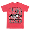 Heather red t-shirt with a graphic that says I’m just here for the marching band and bunch of treblemakers, featuring a black and white illustration of marching band musicians.