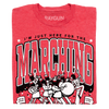 Heather red t-shirt featuring a graphic of a marching band with the text I’m just here for the marching, On my count, and Check step.
