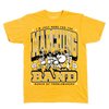 Heather Mellow Yellow t-shirt featuring a graphic of a marching band and the text I’m just here for the marching band, bunch of treblemakers.