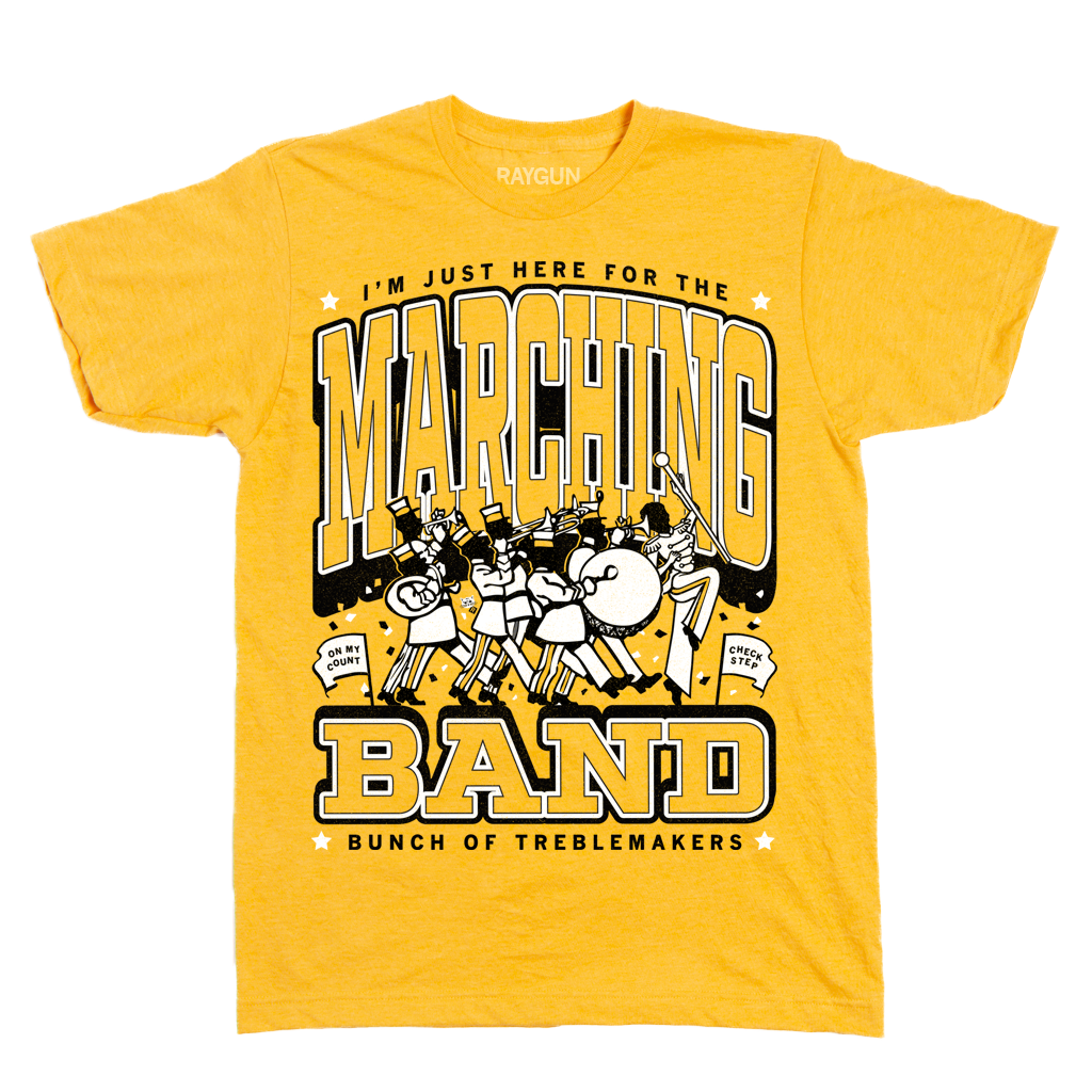 Heather Mellow Yellow t-shirt featuring a graphic of a marching band and the text I’m just here for the marching band, bunch of treblemakers.