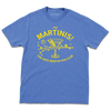 Comfort Colors flo blue heavyweight t-shirt with bright yellow ink. The center is an illustration of a martini glass with tiny basketballs on a toothpick in place of olives. Curved text above says "The MARTINIS!" and smaller fond below the image adds "THE KATE MARTIN FAN CLUB." There's also a bouncing basketballs, scatters stars, and other accents.