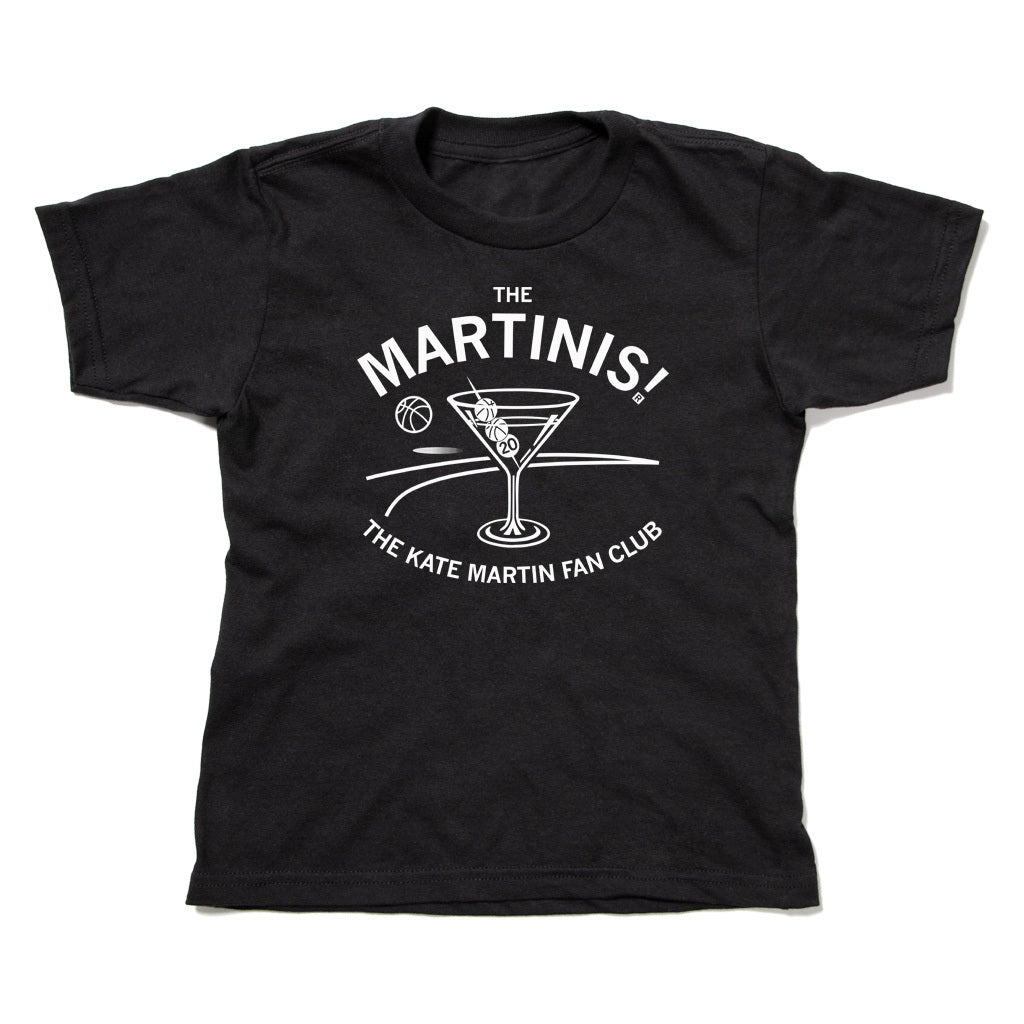 Black union-labor t-shirt featuring a white graphic of a basketball-themed martini glass and the text The Martinis! The Kate Martin Fan Club.