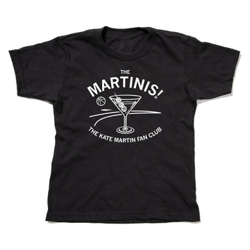Black union-labor t-shirt featuring a white graphic of a basketball-themed martini glass and the text The Martinis! The Kate Martin Fan Club.