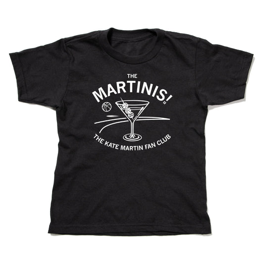 Black union-labor t-shirt featuring a white graphic of a basketball-themed martini glass and the text The Martinis! The Kate Martin Fan Club.
