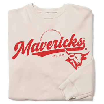 Off-white RAYGUN sweatshirt with Mavericks in red script, featuring the University of Nebraska-Omaha logo and a bull head graphic.