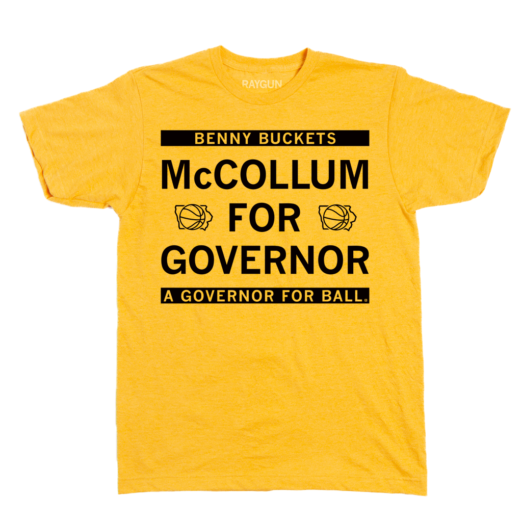 A heather mellow yellow t-shirt with black ink text that reads "Benny Buckets. McCollum for Governor. A Governor for ball."