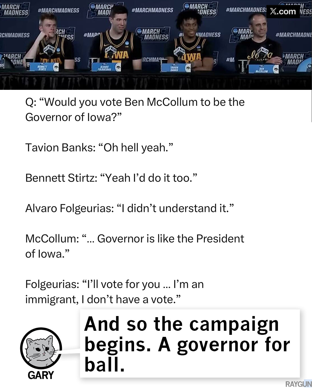 A press conference screenshot of three basketball players and their coach, followed by a transcript discussing a McCollum for Governor campaign, ending with a Gary the cat mascot graphic.