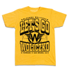 Yellow shirt with blank ink that says, "Let's Go Woliczko" in large black outlined font over an illustration of a basketball court with a W with wings in the center.
