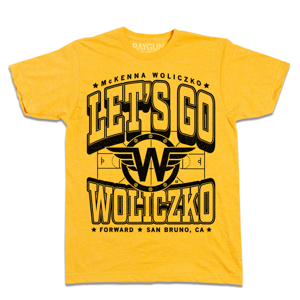 Yellow shirt with blank ink that says, "Let's Go Woliczko" in large black outlined font over an illustration of a basketball court with a W with wings in the center.