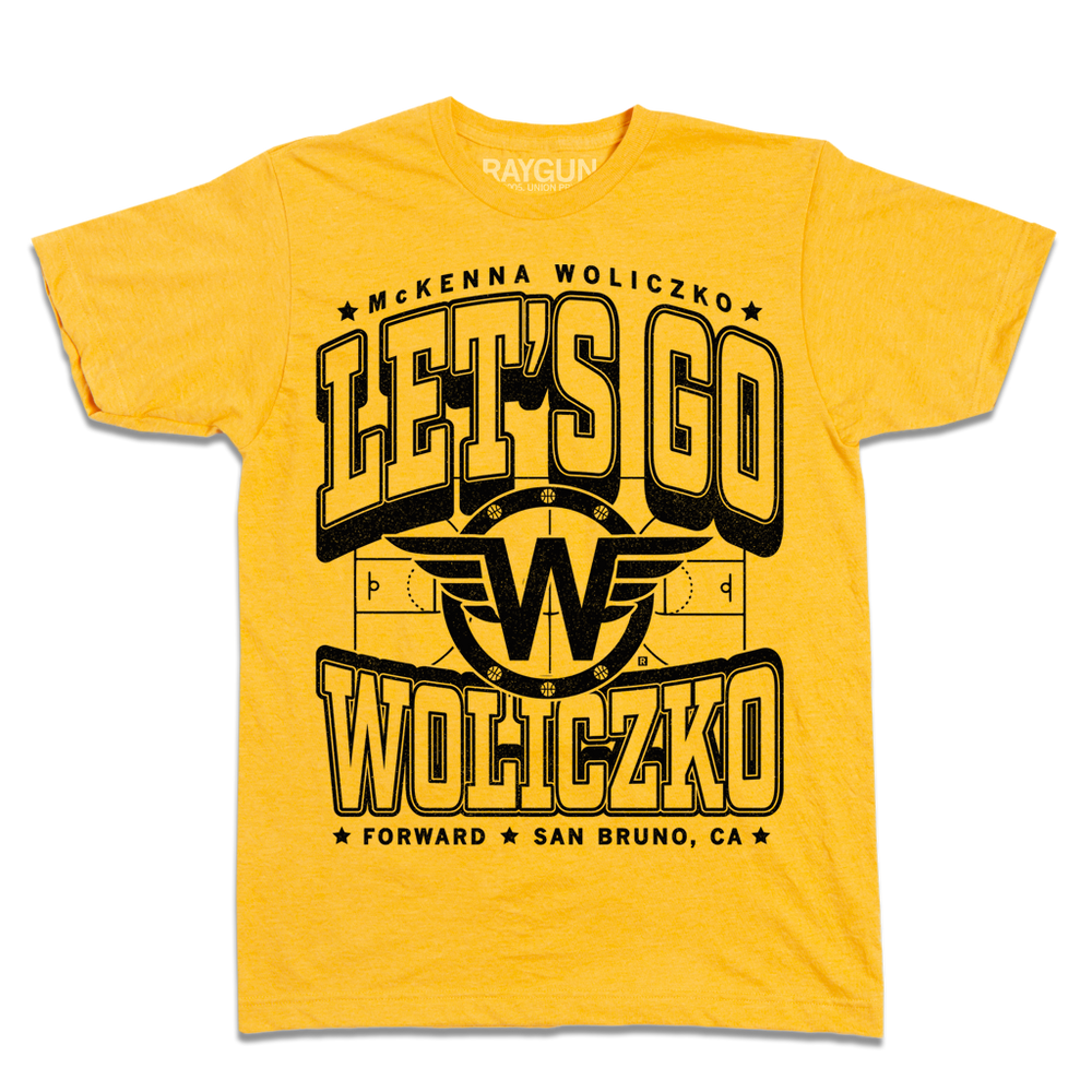 Yellow shirt with blank ink that says, "Let's Go Woliczko" in large black outlined font over an illustration of a basketball court with a W with wings in the center.