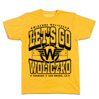Yellow shirt with blank ink that says, "Let's Go Woliczko" in large black outlined font over an illustration of a basketball court with a W with wings in the center.
