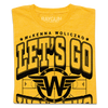 Folded gold t-shirt that says, "Let's Go Woliczko" in large black outlined font over an illustration of a basketball court with a W with wings in the center.