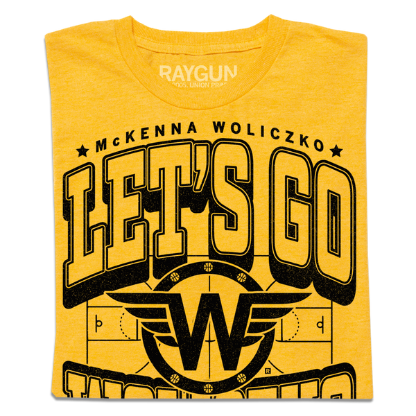 Folded gold t-shirt that says, 