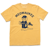 Comfort Colors mustard yellow t-shirt with navy ink that says, "MEOWAUKEE" in curved text over Gary The Cat wearing Brewers gear while holding a hotdog.