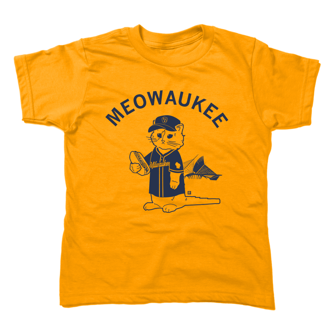 A gold youth-sized t-shirt with navy ink that says, "MEOWAUKEE" in curved text over Gary The Cat wearing Brewers gear while holding a hotdog.