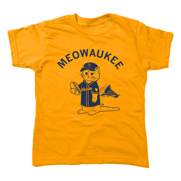 A gold youth-sized t-shirt with navy ink that says, "MEOWAUKEE" in curved text over Gary The Cat wearing Brewers gear while holding a hotdog.