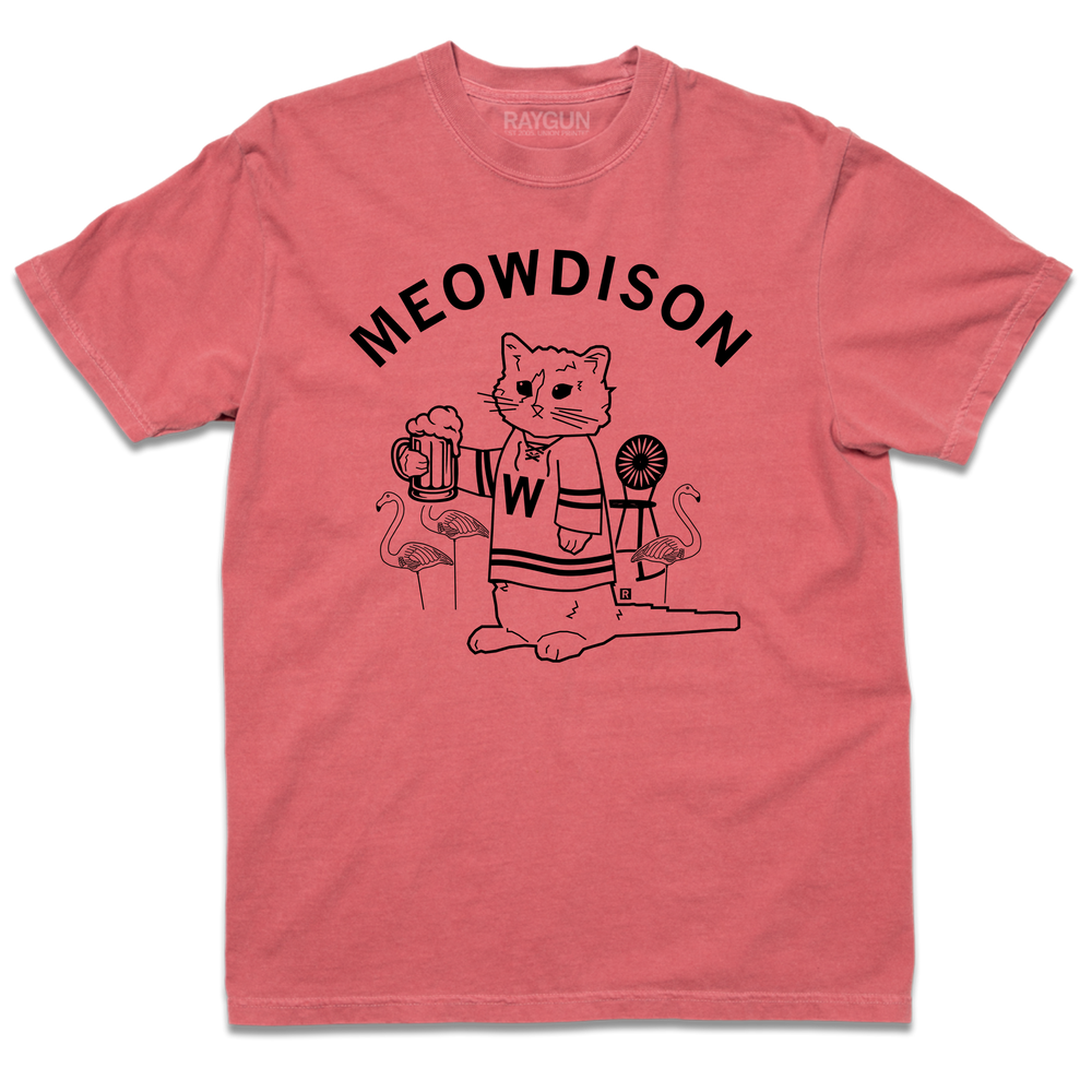 Comfort Colors heavyweight red t-shirt with black ink. Curved text at the top says, "Meowdison" above an illustration of a cat holding a pint of beer while wearing a hockey jersey. There are lawn flamingos and a rocking chair in the background.