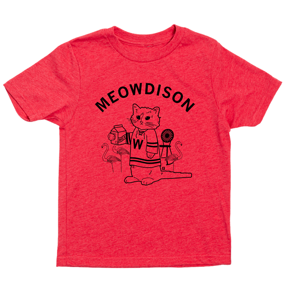 Youth sized heather red t-shirt with black ink. Curved text at the top says, "Meowdison" above an illustration of a cat holding a pint of beer while wearing a hockey jersey. There are lawn flamingos and a rocking chair in the background.