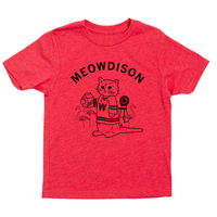 Youth sized heather red t-shirt with black ink. Curved text at the top says, "Meowdison" above an illustration of a cat holding a pint of beer while wearing a hockey jersey. There are lawn flamingos and a rocking chair in the background.