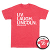 Heather red t-shirt with white text reading LIV. LAUGH. LINCOLN. OLIVIA MAUCH 10, including a circular inset showing the back of the shirt featuring MAUCH 10.