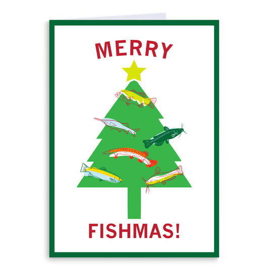 Holiday card with an illustration of a Christmas tree with fish on it as ornaments and the text "Merry Fishmas!"