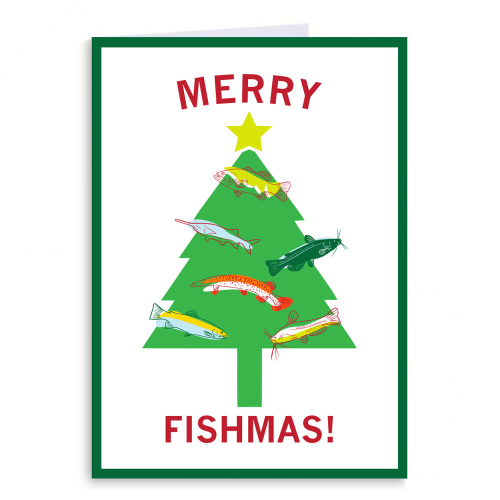 Holiday card with an illustration of a Christmas tree with fish on it as ornaments and the text "Merry Fishmas!"