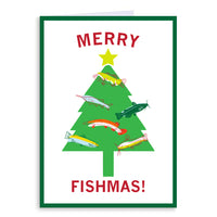 Holiday card with an illustration of a Christmas tree with fish on it as ornaments and the text "Merry Fishmas!"