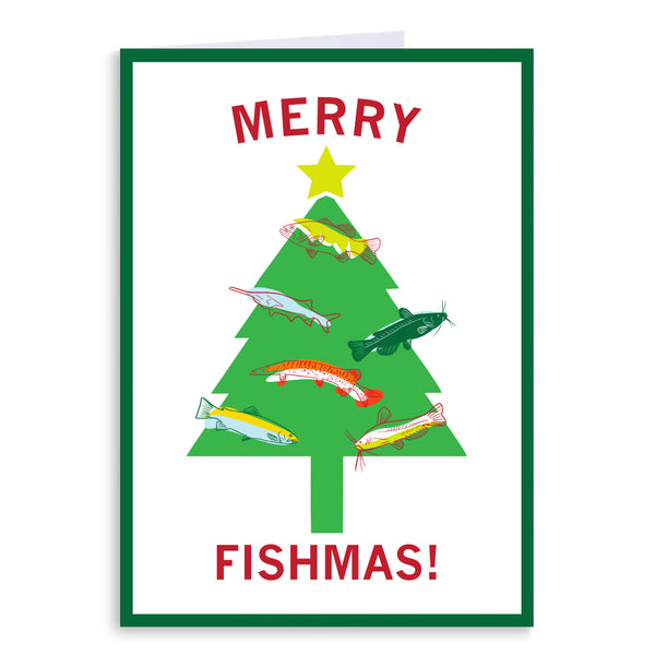 Holiday card with an illustration of a Christmas tree with fish on it as ornaments and the text 