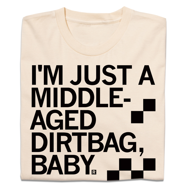 A folded cream t-shirt with left aligned black ink text that says, 