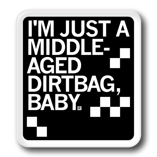 Square black sticker with white border and left aligned white ink text that says, 