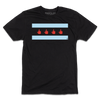 Black screen print t-shirt featuring a stylized Chicago flag design where the four red stars are replaced by four red hands giving the middle finger.