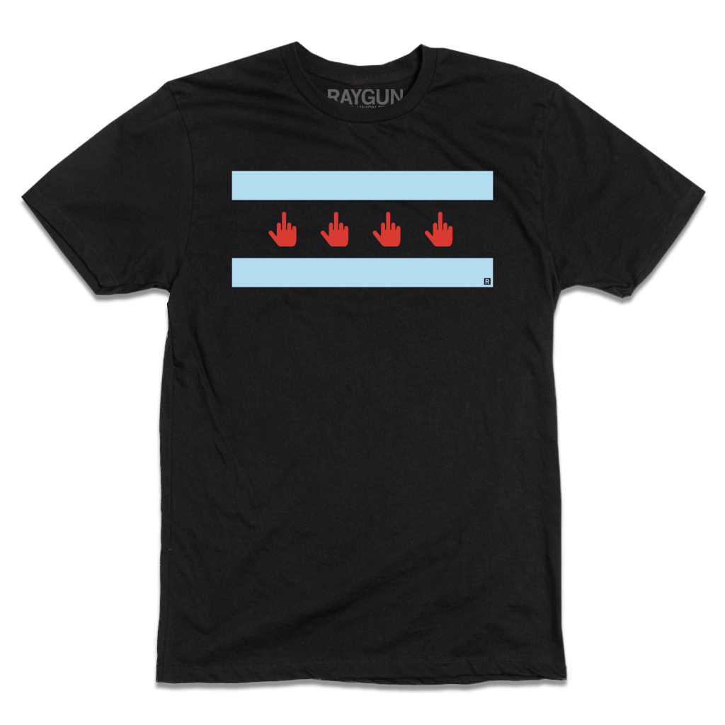 Black screen print t-shirt featuring a stylized Chicago flag design where the four red stars are replaced by four red hands giving the middle finger.