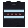 Black Chicago T-shirt featuring a screen-printed graphic of four red middle-finger icons centered between two horizontal light blue bars.