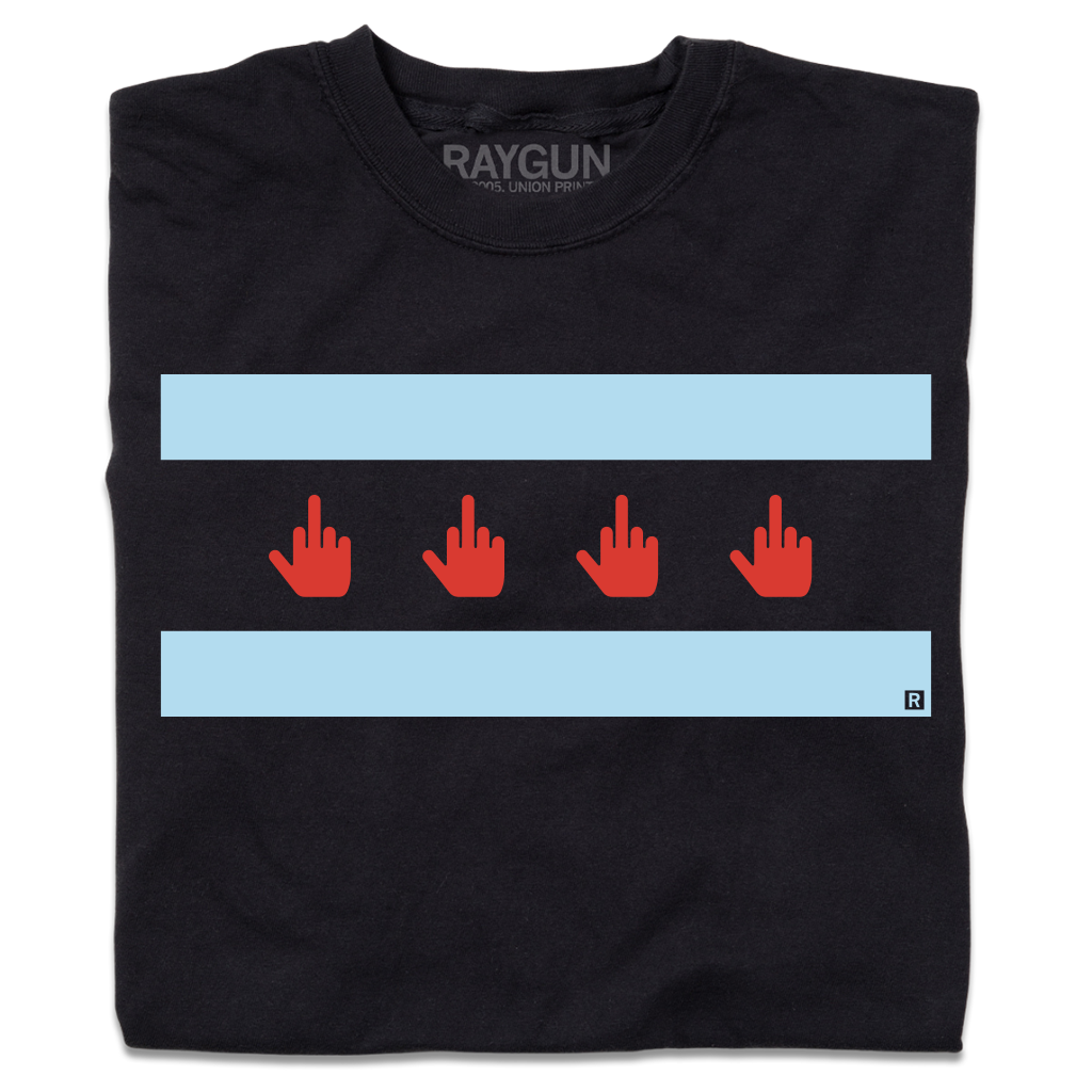 Black Chicago T-shirt featuring a screen-printed graphic of four red middle-finger icons centered between two horizontal light blue bars.