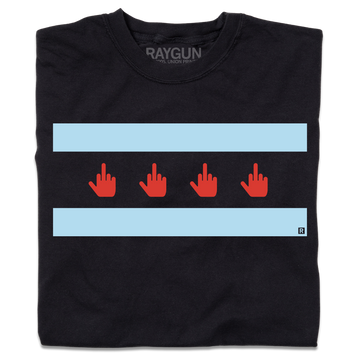 Black Chicago T-shirt featuring a screen-printed graphic of four red middle-finger icons centered between two horizontal light blue bars.