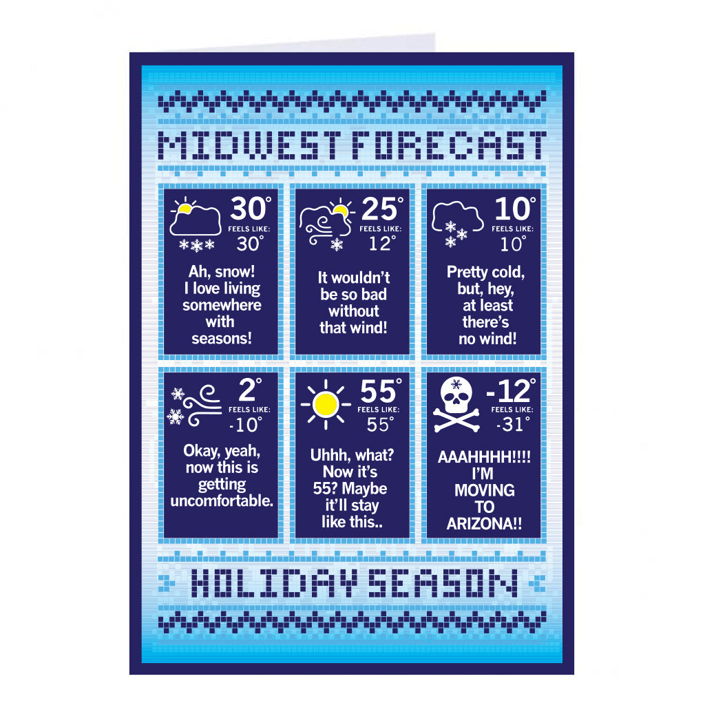 A RAYGUN holiday greeting card titled Midwest Forecast displaying six humorous weather icons and temperature predictions for the season, ranging from snowy and cold to sub-zero temperatures.