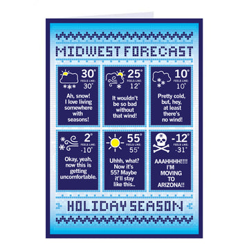 A RAYGUN holiday greeting card titled Midwest Forecast displaying six humorous weather icons and temperature predictions for the season, ranging from snowy and cold to sub-zero temperatures.