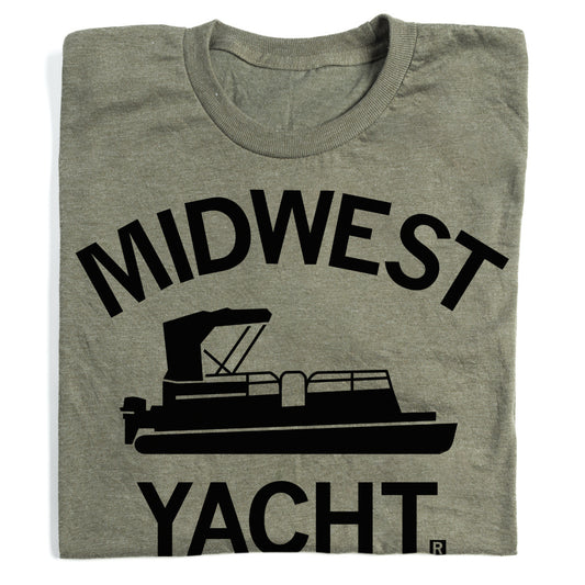 Military green t-shirt featuring a black graphic of a pontoon boat and the text MIDWEST YACHT.