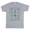 Gray RAYGUN t-shirt featuring a grid of twelve illustrations of Midwestern reptiles and amphibians, each labeled with its common name.