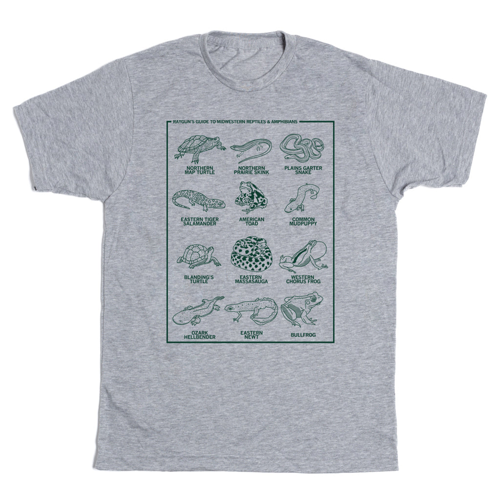 Gray RAYGUN t-shirt featuring a grid of twelve illustrations of Midwestern reptiles and amphibians, each labeled with its common name.