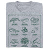 Gray RAYGUN t-shirt featuring a field guide print titled Rayguns Guide to Midwestern Reptiles & Amphibians, showing illustrations of nine different species labeled with their names.