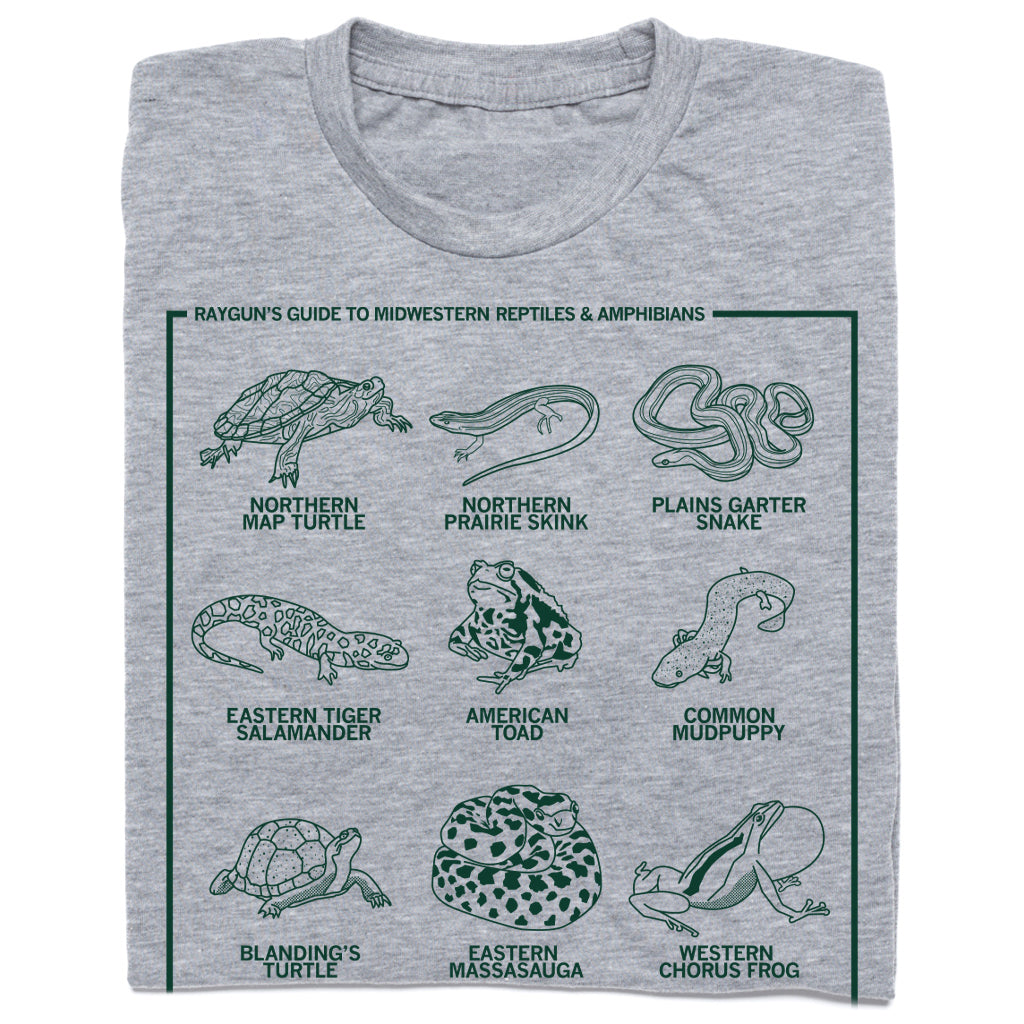 Gray RAYGUN t-shirt featuring a field guide print titled Rayguns Guide to Midwestern Reptiles & Amphibians, showing illustrations of nine different species labeled with their names.