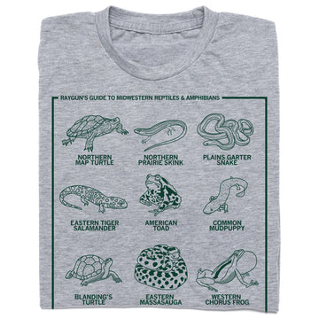 Gray RAYGUN t-shirt featuring a field guide print titled Rayguns Guide to Midwestern Reptiles & Amphibians, showing illustrations of nine different species labeled with their names.