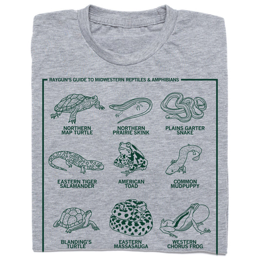 Gray RAYGUN t-shirt featuring a field guide print titled Rayguns Guide to Midwestern Reptiles & Amphibians, showing illustrations of nine different species labeled with their names.