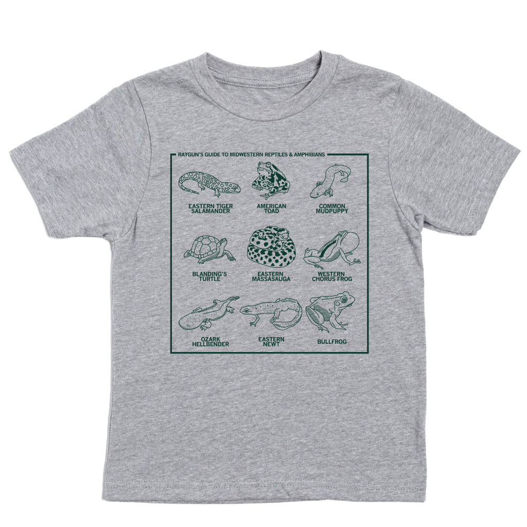 Gray RAYGUN t-shirt featuring a grid illustration of nine Midwestern reptiles and amphibians, each labeled with its name, under the heading Rayguns Guide to Midwestern Reptiles & Amphibians.
