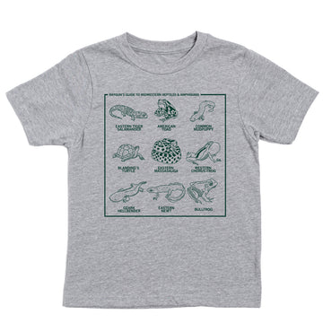 Gray RAYGUN t-shirt featuring a grid illustration of nine Midwestern reptiles and amphibians, each labeled with its name, under the heading Rayguns Guide to Midwestern Reptiles & Amphibians.