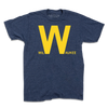Short-sleeve heather denim t-shirt with yellow print text that says, "milWaukee" with just the W in giant text.