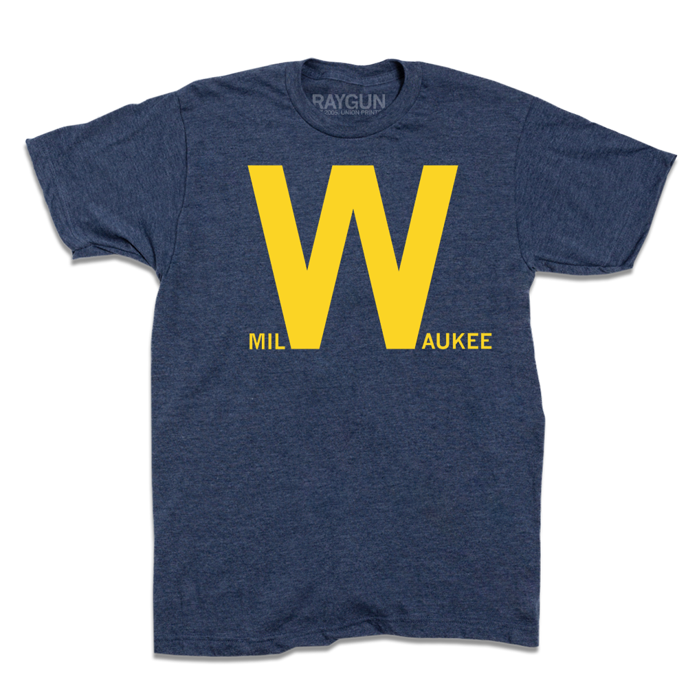 Short-sleeve heather denim t-shirt with yellow print text that says, "milWaukee" with just the W in giant text.