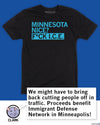 Black T-shirt with light blue text reading MINNESOTA NICE? F*CK I.C.E., featuring a speech bubble from a rat mascot named Clark stating proceeds benefit the Immigrant Defense Network. This sweatshop free garment is made with union labor.